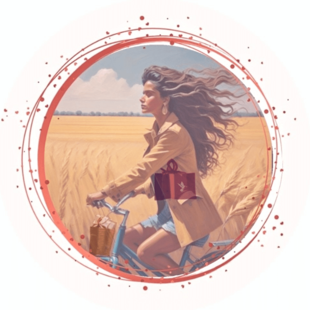 A woman riding on the back of a bicycle through a field.